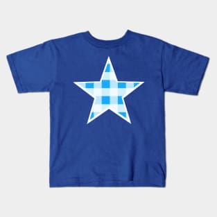 Bright Blue and White Buffalo Plaid Star Kids T-Shirt